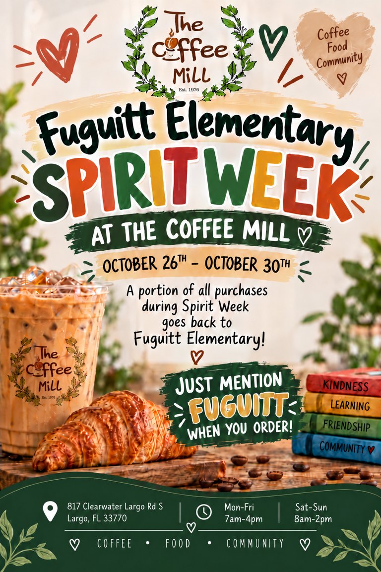 Fuguitt Elementary Spirit Week at The Coffee Mill fundraiser flyer, October 26–30